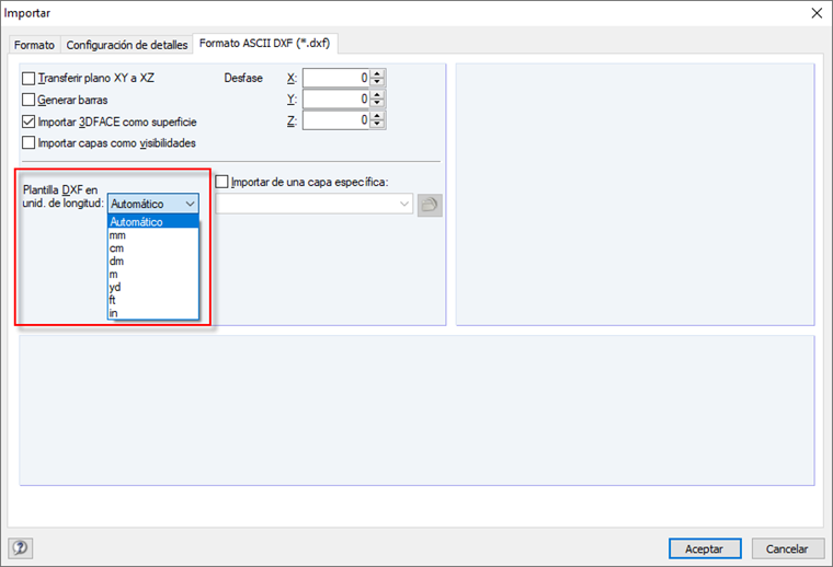 Importar DXF en formato ASCII: Configuración de la unidad de longitud