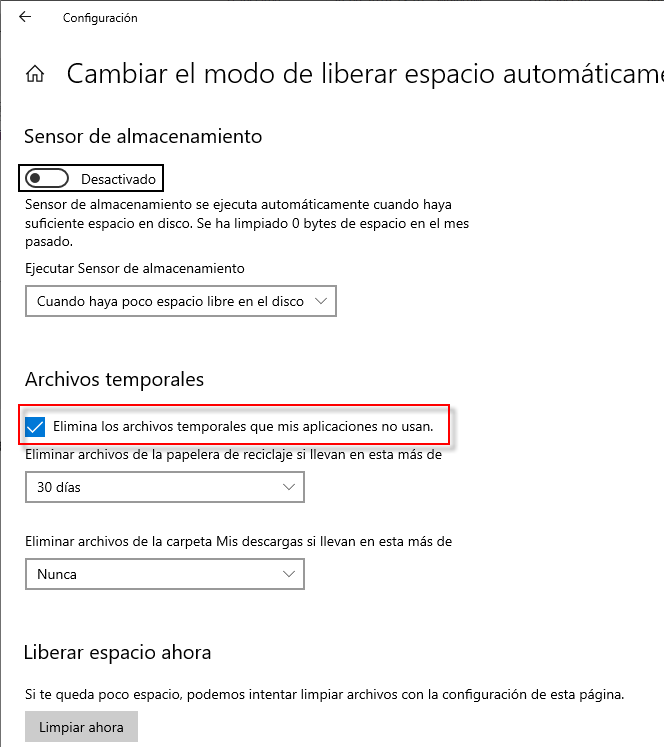 Desactivar la eliminación de archivos temporales no utilizados