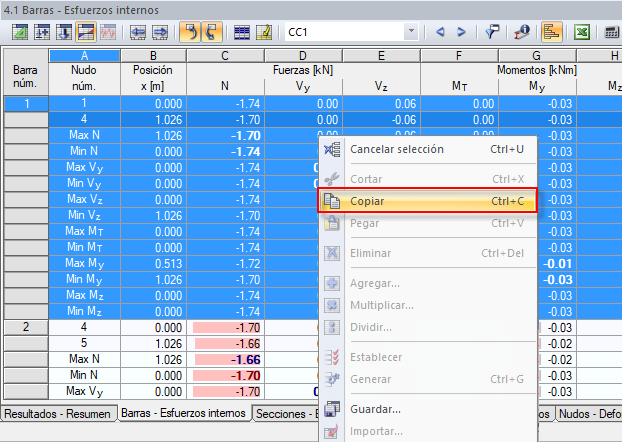 Copia manual de los esfuerzos internos desde RSTAB/RFEM