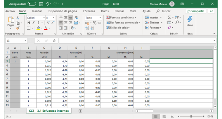 Esfuerzos internos exportados en Excel