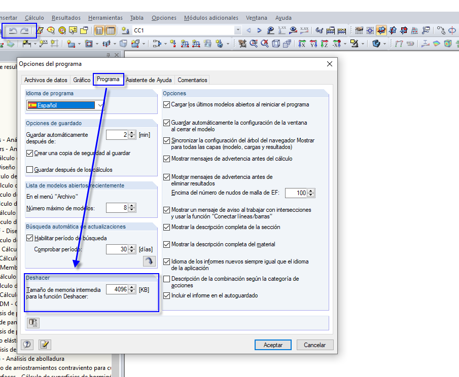 Tamaño de la memoria intermedia para la función Deshacer
