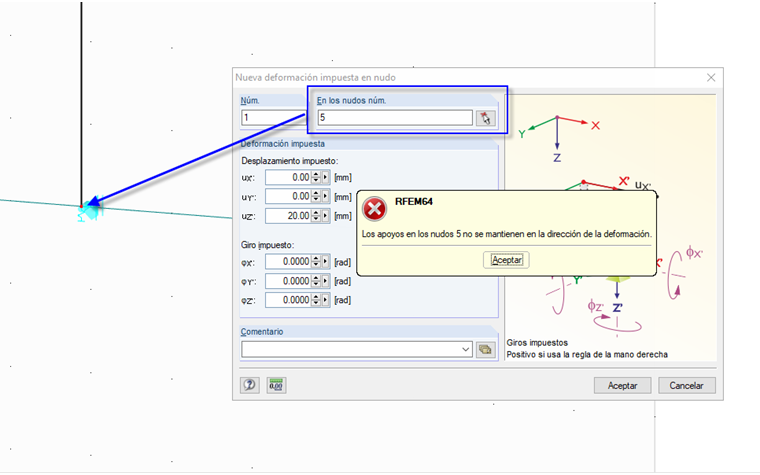 Mensaje de error para la deformación impuesta del nudo