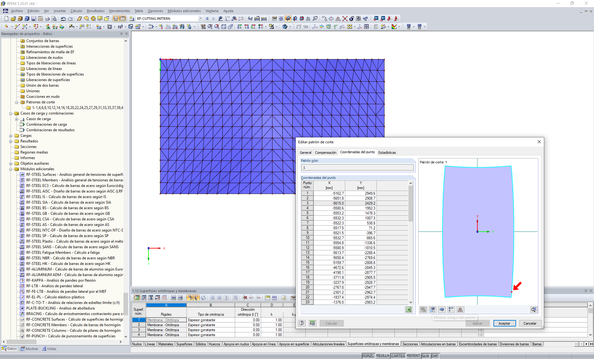 Visualización de patrones de corte en el modelo de RFEM