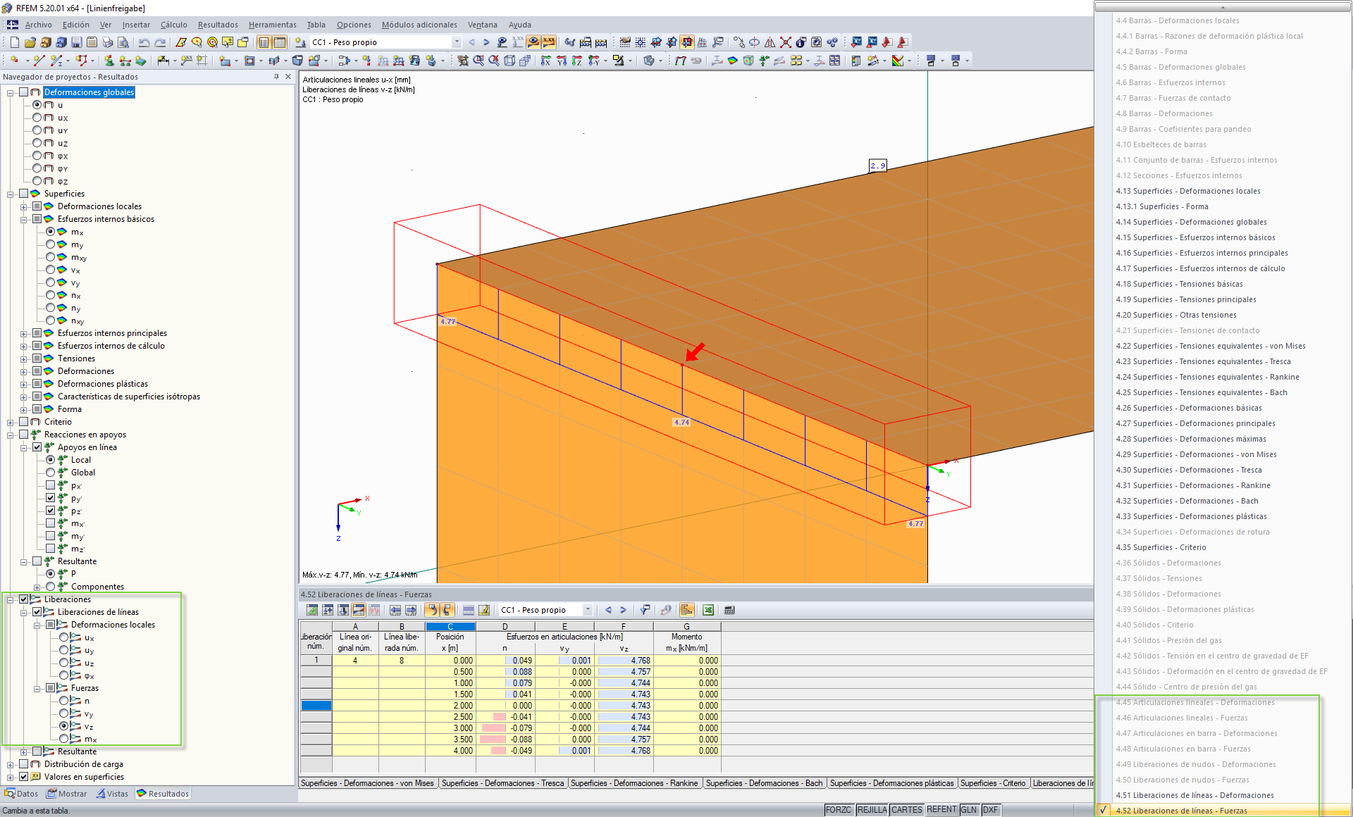Visualización gráfica y tabular de las fuerzas de liberación de línea