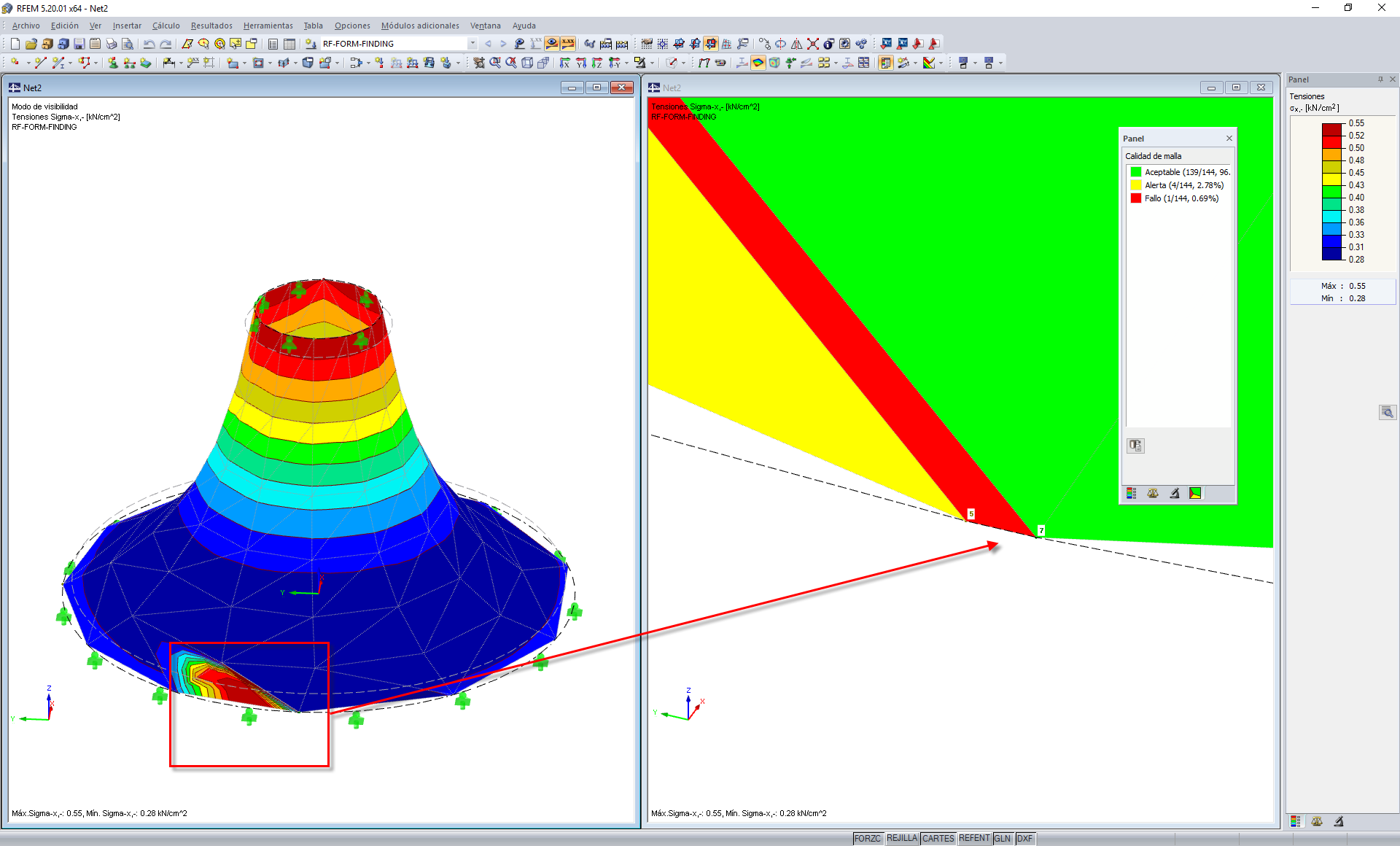 Disposición deficiente de la malla