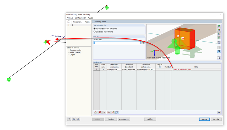 Hinweismeldung im Zusatzmodul JOINTS bezüglich der Stablänge