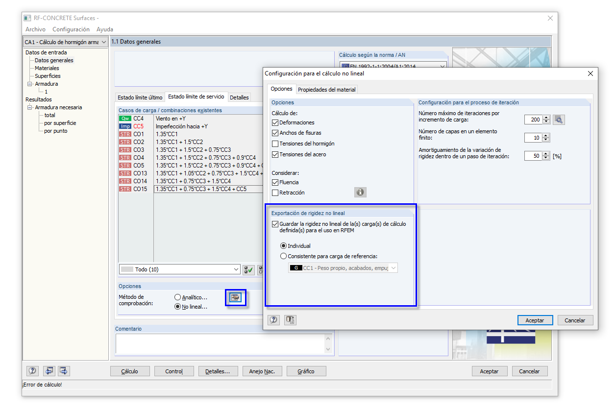 Exportación de la rigidez no lineal