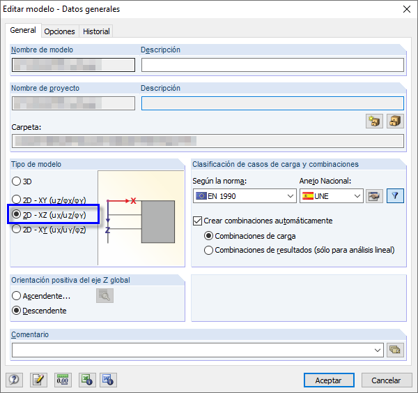 Cuadro de diálogo con datos generales del modelo y configuración del tipo de modelo