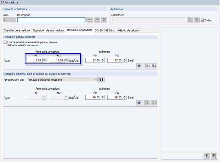 Introducción de la armadura longitudinal para el modelo 2D