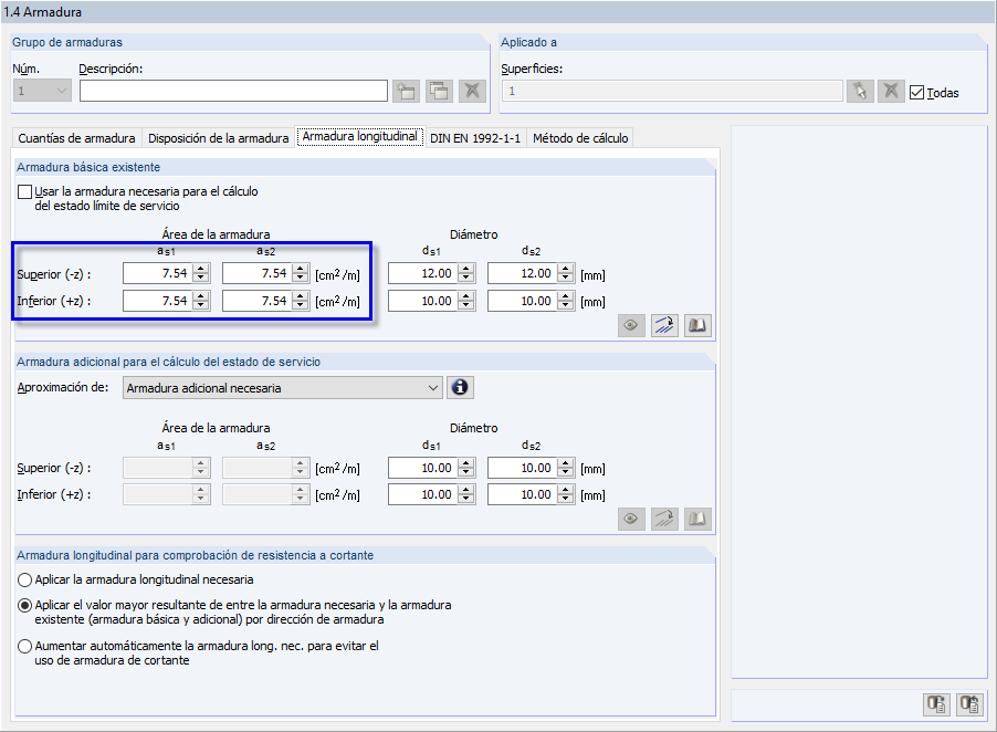 Cuadro de diálogo de entrada 1.4 en RF-CONCRETE Surfaces para el modelo 3D