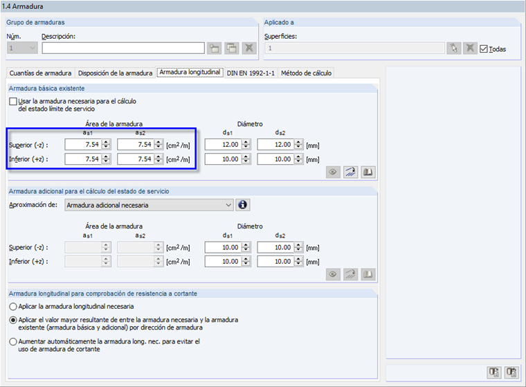 Cuadro de diálogo de entrada 1.4 en RF-CONCRETE Surfaces para el modelo 3D