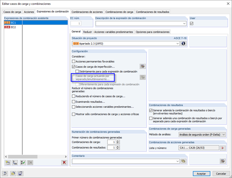 Ficha "Expresiones de combinación" para ASCE 7
