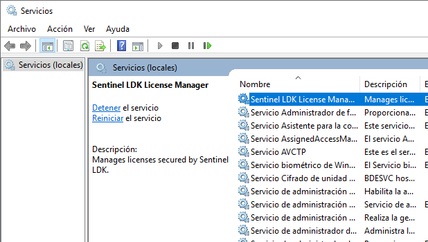 Detener y reiniciar Service Sentinel LDK License Manager