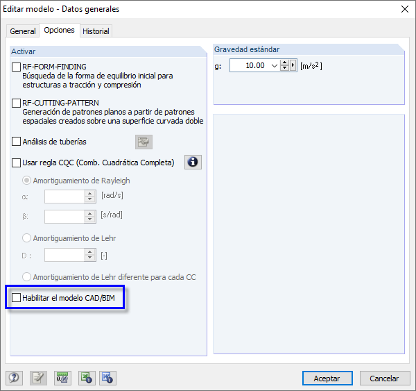 Activación de la opción para habilitar el modelo CAD/BIM en el modelo - Datos generales