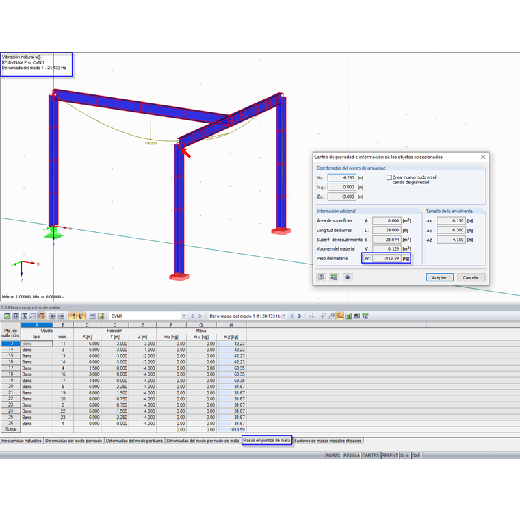 Masas en nudos en las tablas de resultados de DYNAM Pro