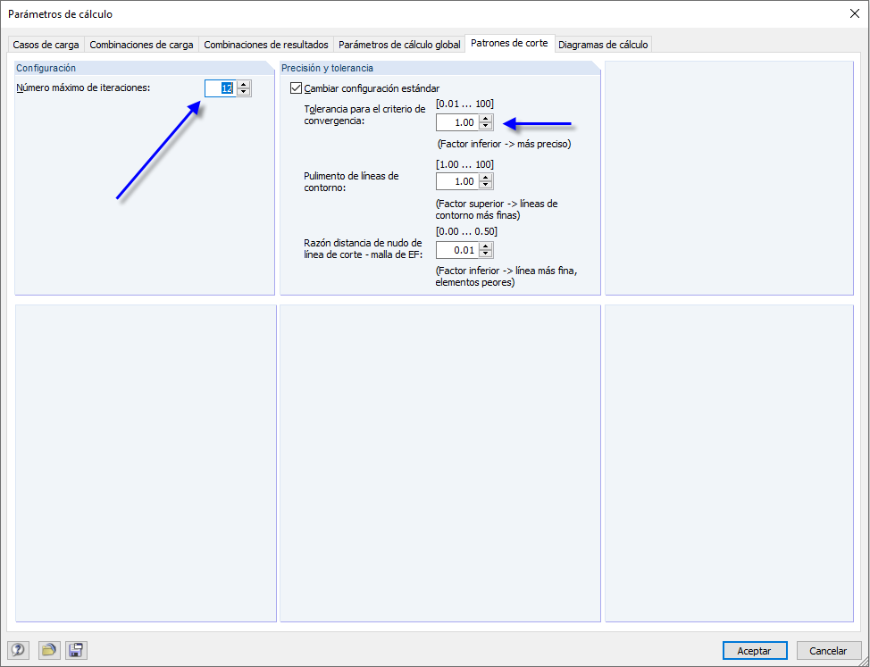 Parámetros de cálculo para el cálculo del patrón de corte