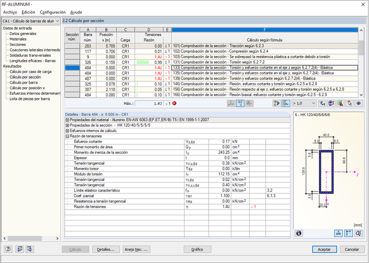 Resultado para sección no apoyada