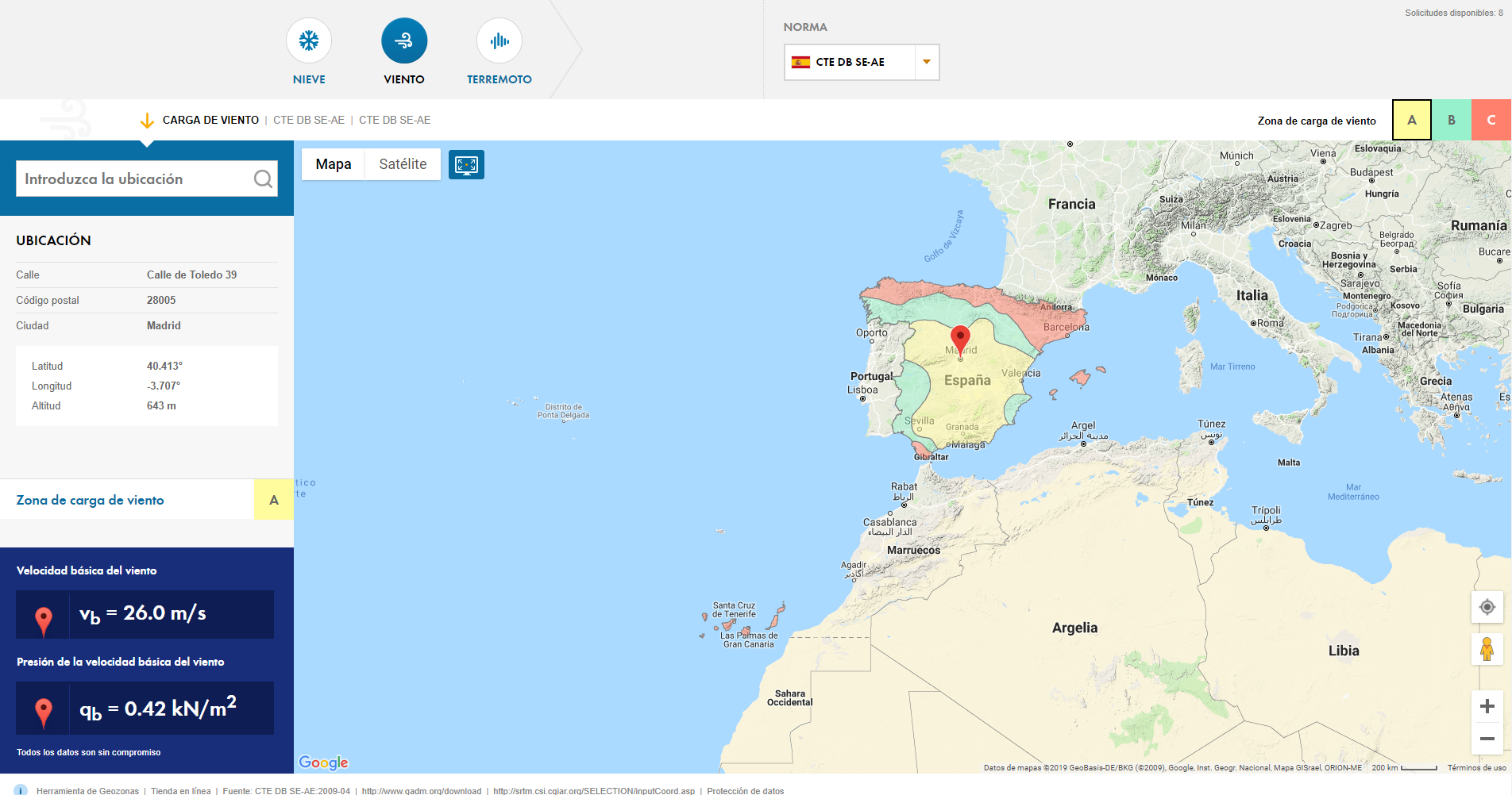 Servicio en línea "Mapas de cargas de nieve, velocidades del viento y cargas sísmicas"