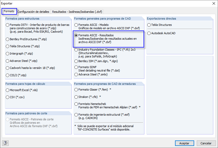 Cuadro de diálogo de exportación con la configuración del formato de exportación