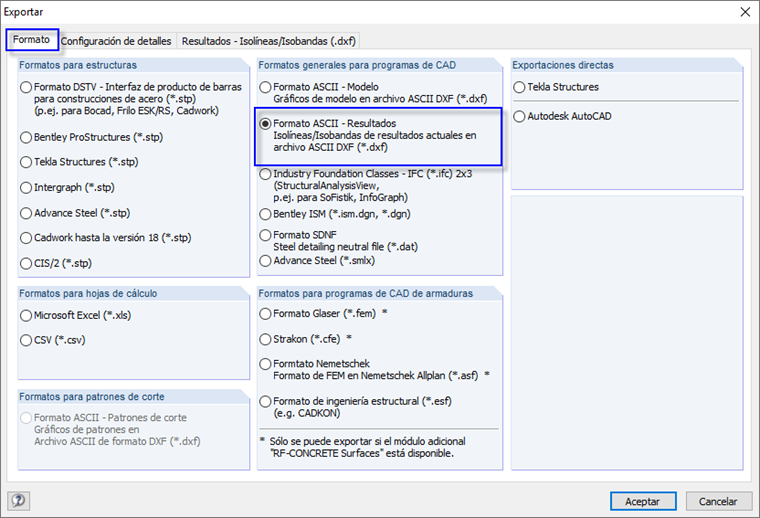 Cuadro de diálogo de exportación con la configuración del formato de exportación