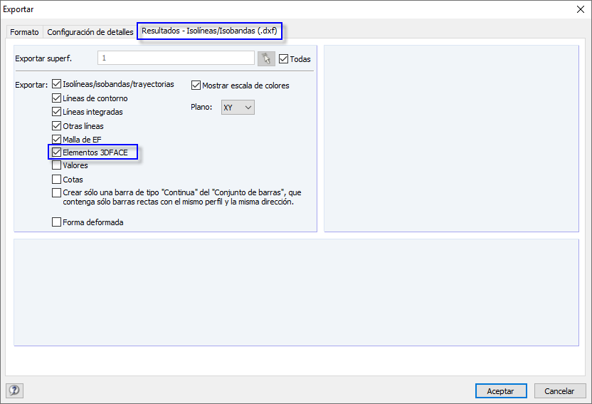 Configuración detallada para la exportación de resultados