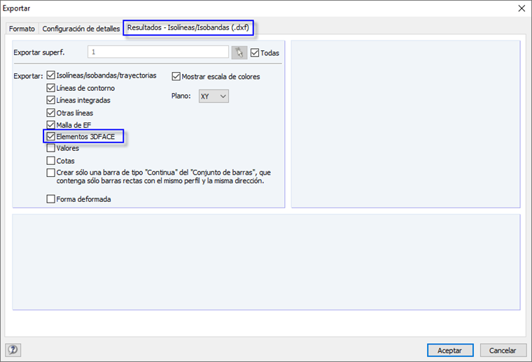 Configuración detallada para la exportación de resultados