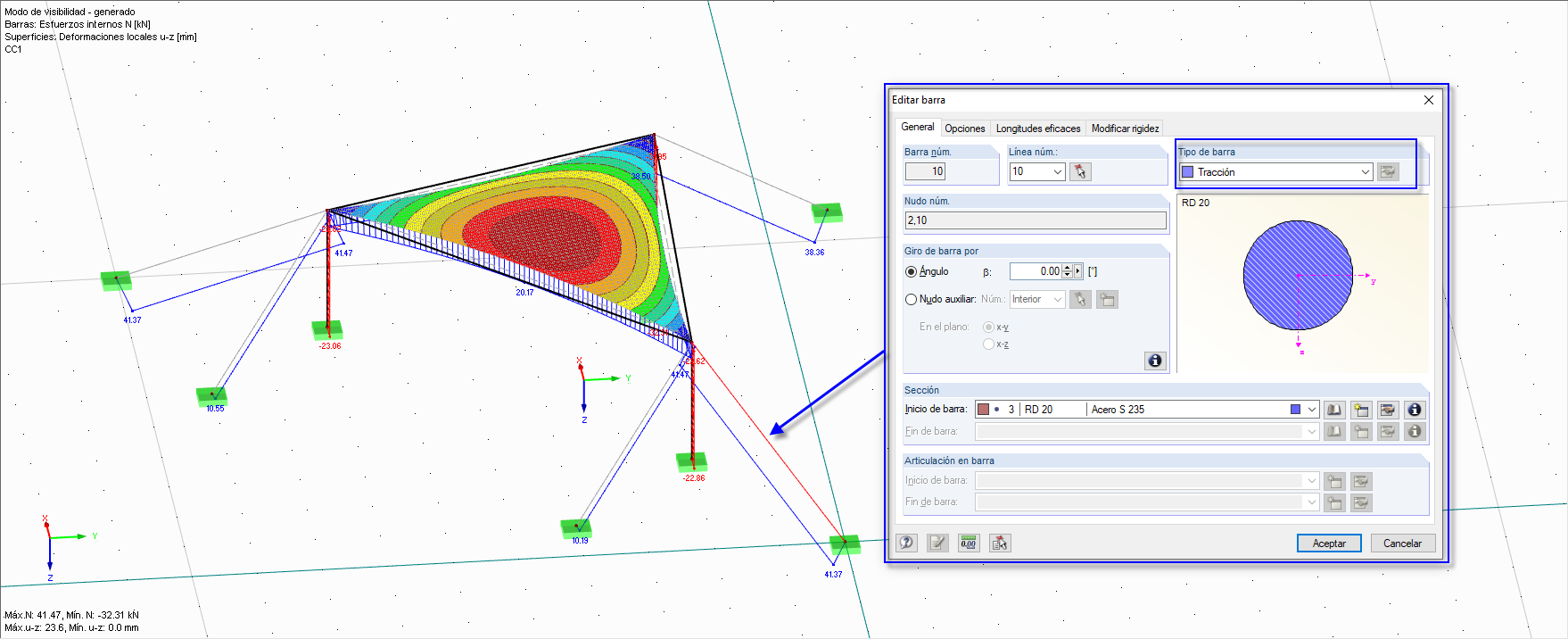 Alambre tirante como barra a tracción sin pretensar