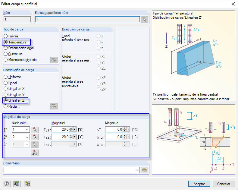 Cuadro de diálogo "Editar carga superficial" con la configuración de "Temperatura"