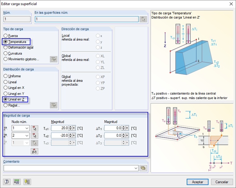 Cuadro de diálogo "Editar carga superficial" con la configuración de "Temperatura"