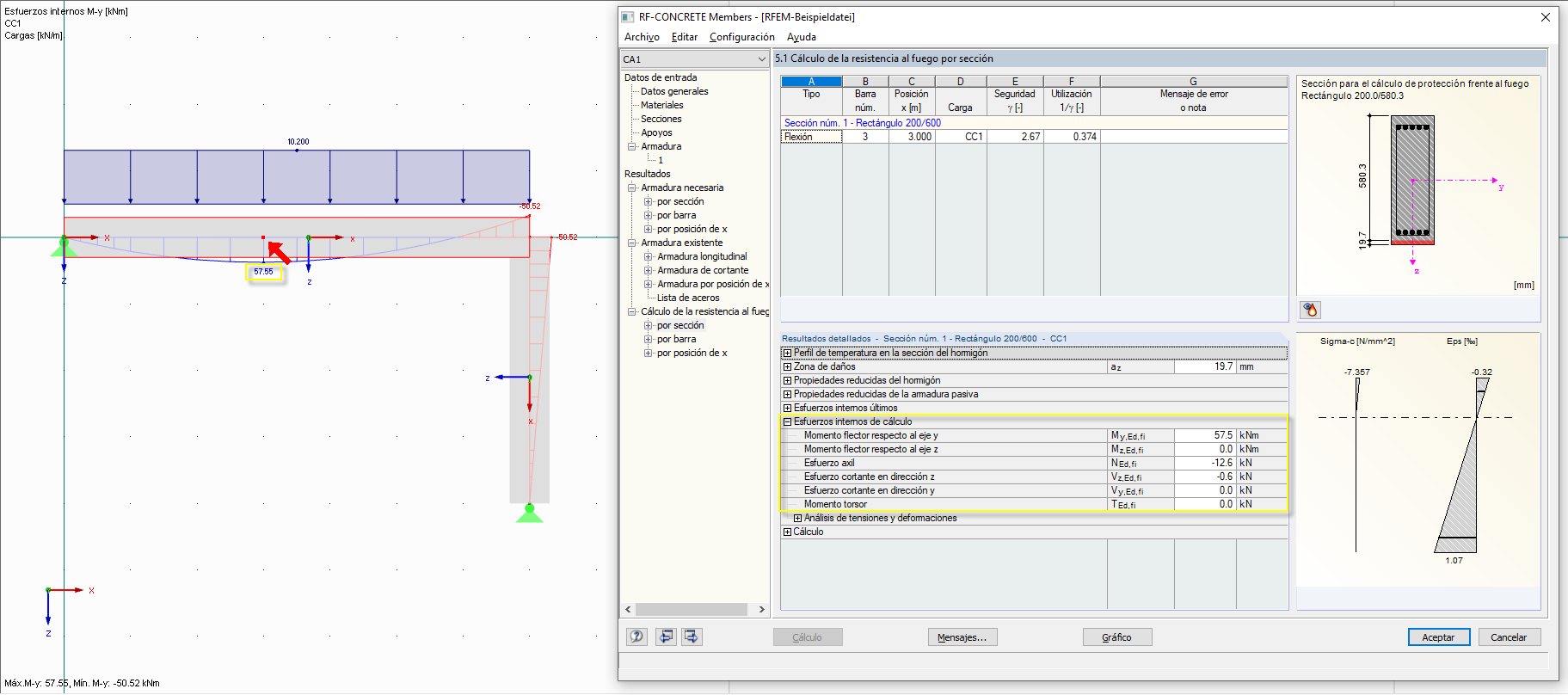 Fuerzas internas y momentos con consideración inactiva de dilatación térmica e imperfección inicial del arco
