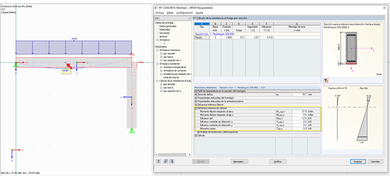 Fuerzas internas y momentos con consideración inactiva de dilatación térmica e imperfección inicial del arco