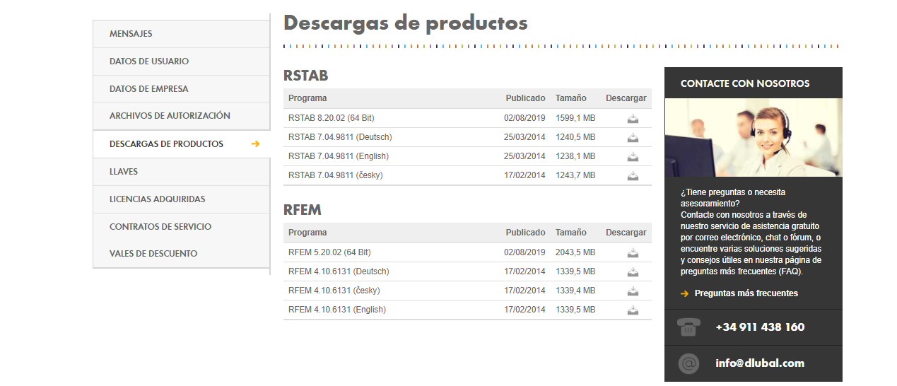 Descargas de productos en la cuenta de Dlubal