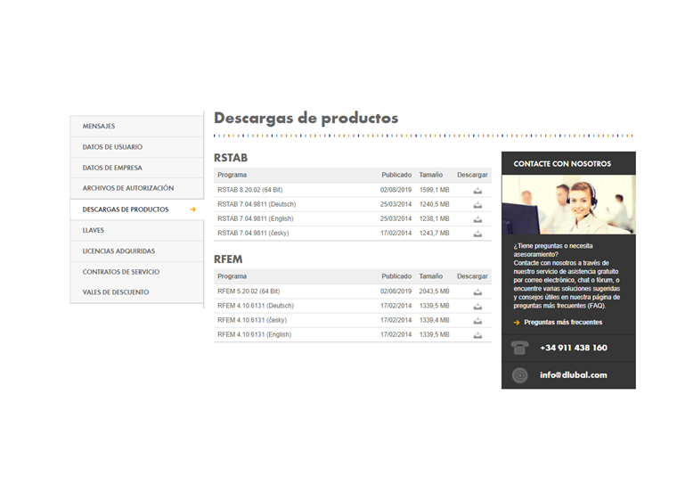 Descargas de productos en la cuenta de Dlubal