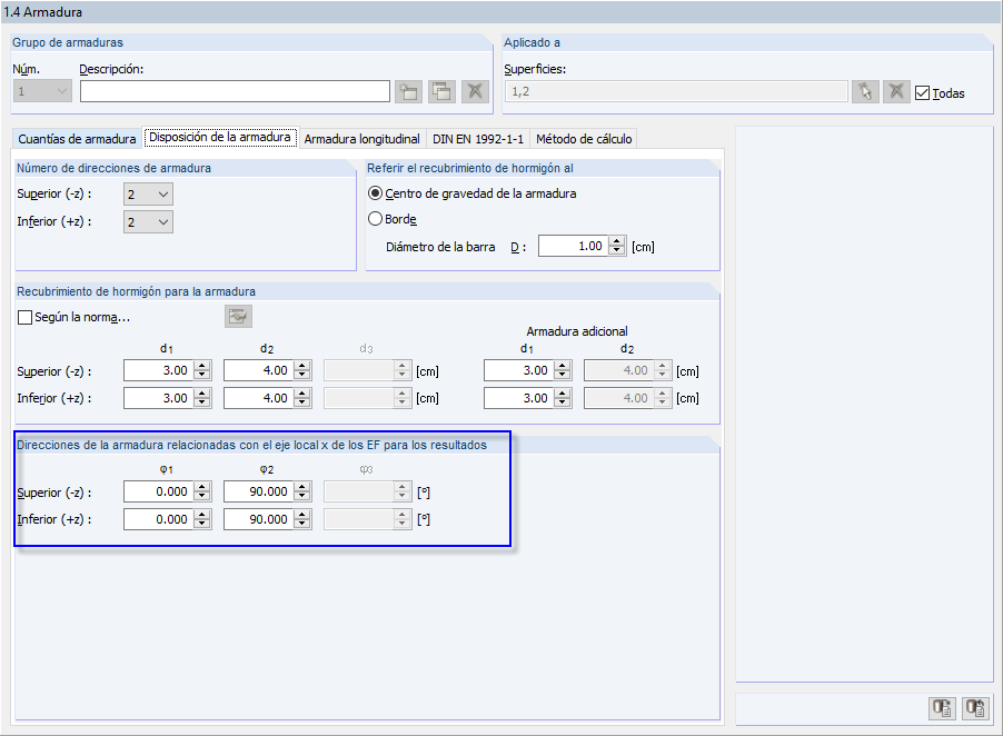 Definición de la dirección de la armadura en RF-CONCRETE Surfaces