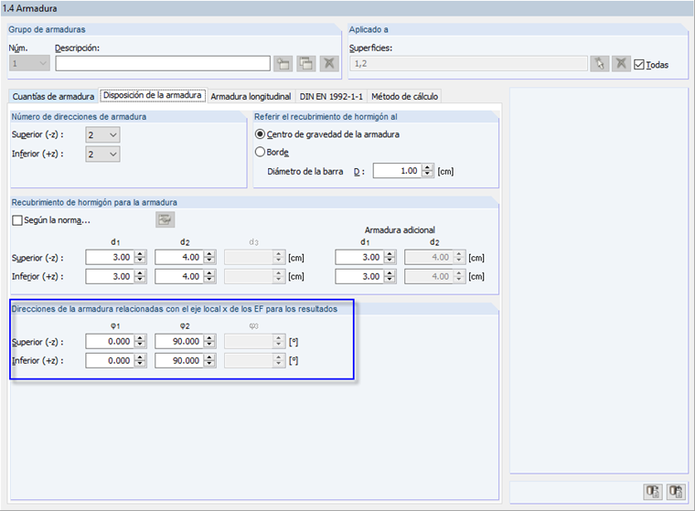 Definición de la dirección de la armadura en RF-CONCRETE Surfaces