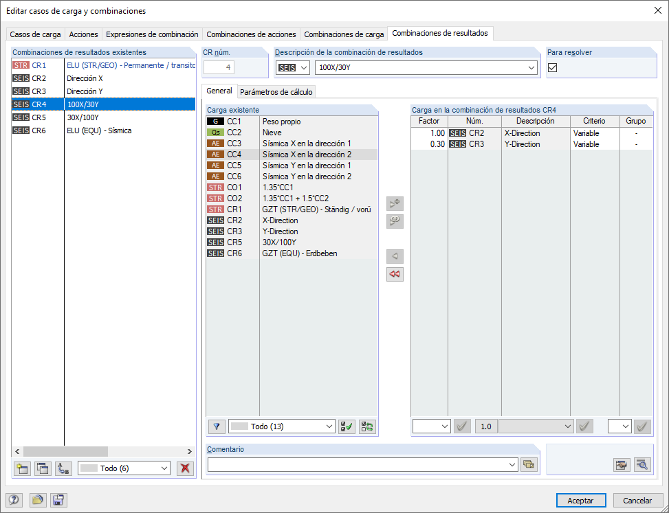 Generación manual de combinaciones para cargas sísmicas