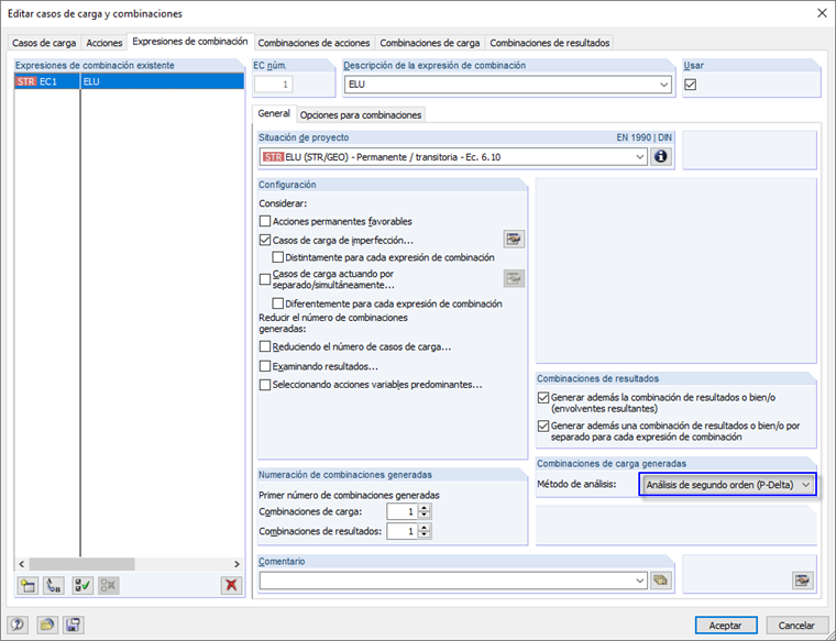 Expresión de combinación para el cálculo según el análisis de segundo orden, incluida la imperfección