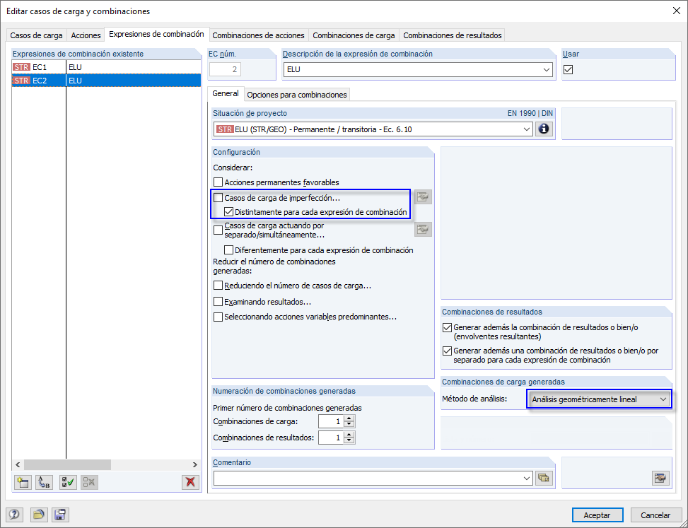 Expresión de combinación adicional para combinaciones de carga según el análisis geométricamente lineal