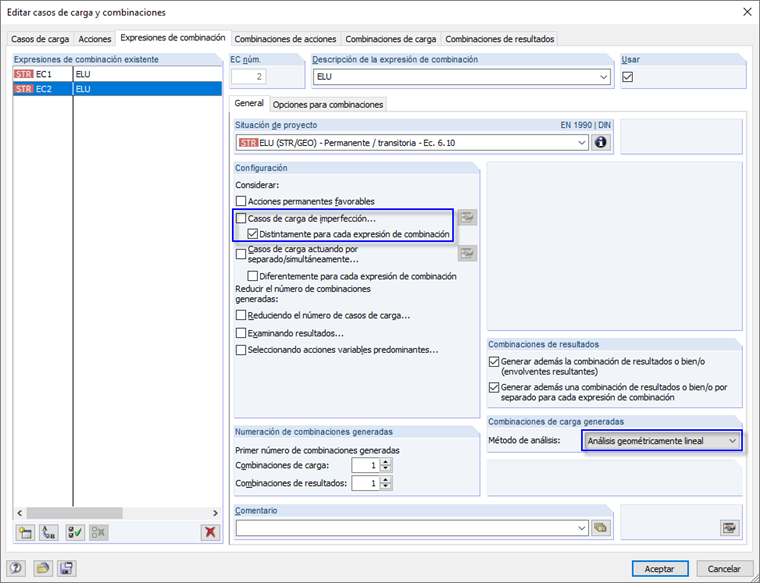 Expresión de combinación adicional para combinaciones de carga según el análisis geométricamente lineal