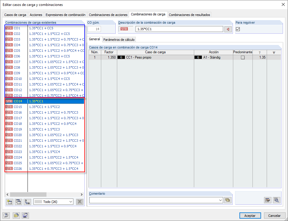 Combinaciones de carga según análisis geométricamente lineal y de segundo orden