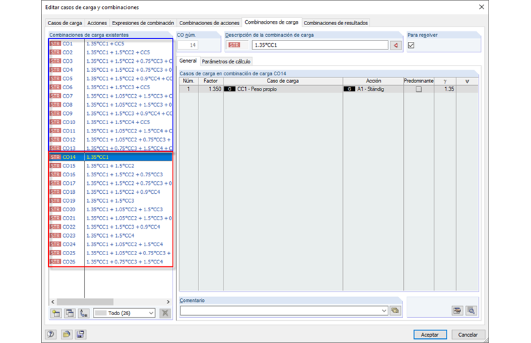 Combinaciones de carga según análisis geométricamente lineal y de segundo orden