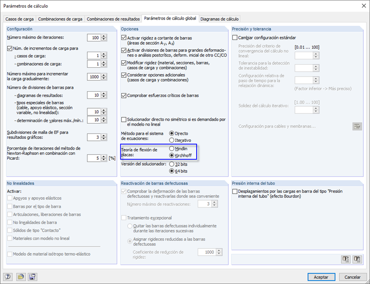 Opciones para la teoría de flexión de placas