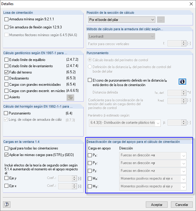 Desactivar la carga de apoyo para el diseño de cimentaciones