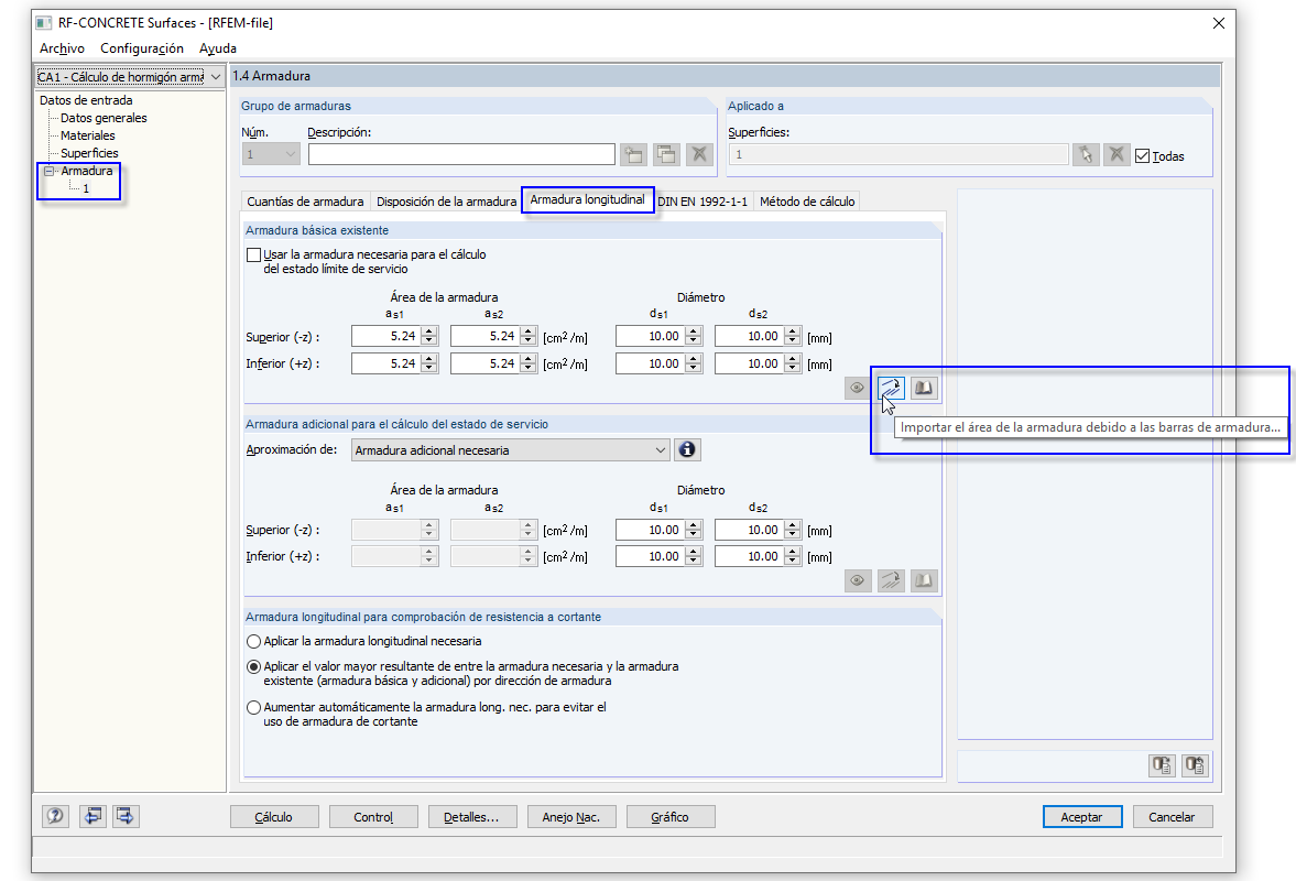 Botón para abrir el cuadro de diálogo de entrada para barras de armadura proporcionadas