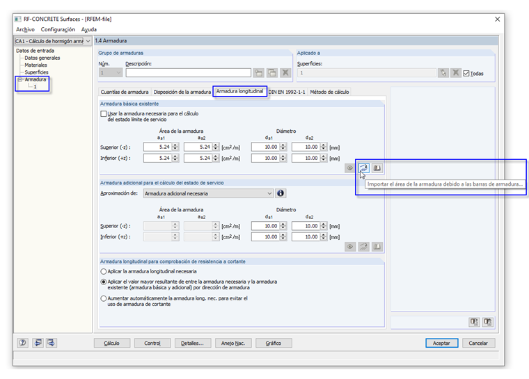 Botón para abrir el cuadro de diálogo de entrada para barras de armadura proporcionadas