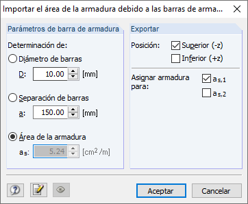 Cuadro de diálogo de entrada para definir el diámetro y el espaciado de las barras de armadura