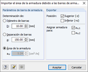 Cuadro de diálogo de entrada para definir el diámetro y el espaciado de las barras de armadura