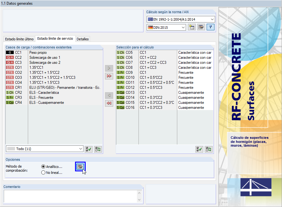 Pestaña Estado límite de servicio en la ventana 1.1 Datos generales en RF-CONCRETE Surfaces