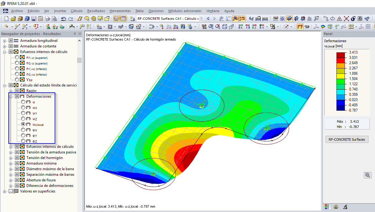 Gráfico de resultados con deformaciones de RF-CONCRETE Deflect