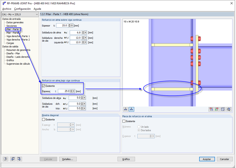 Disposición del refuerzo del alma